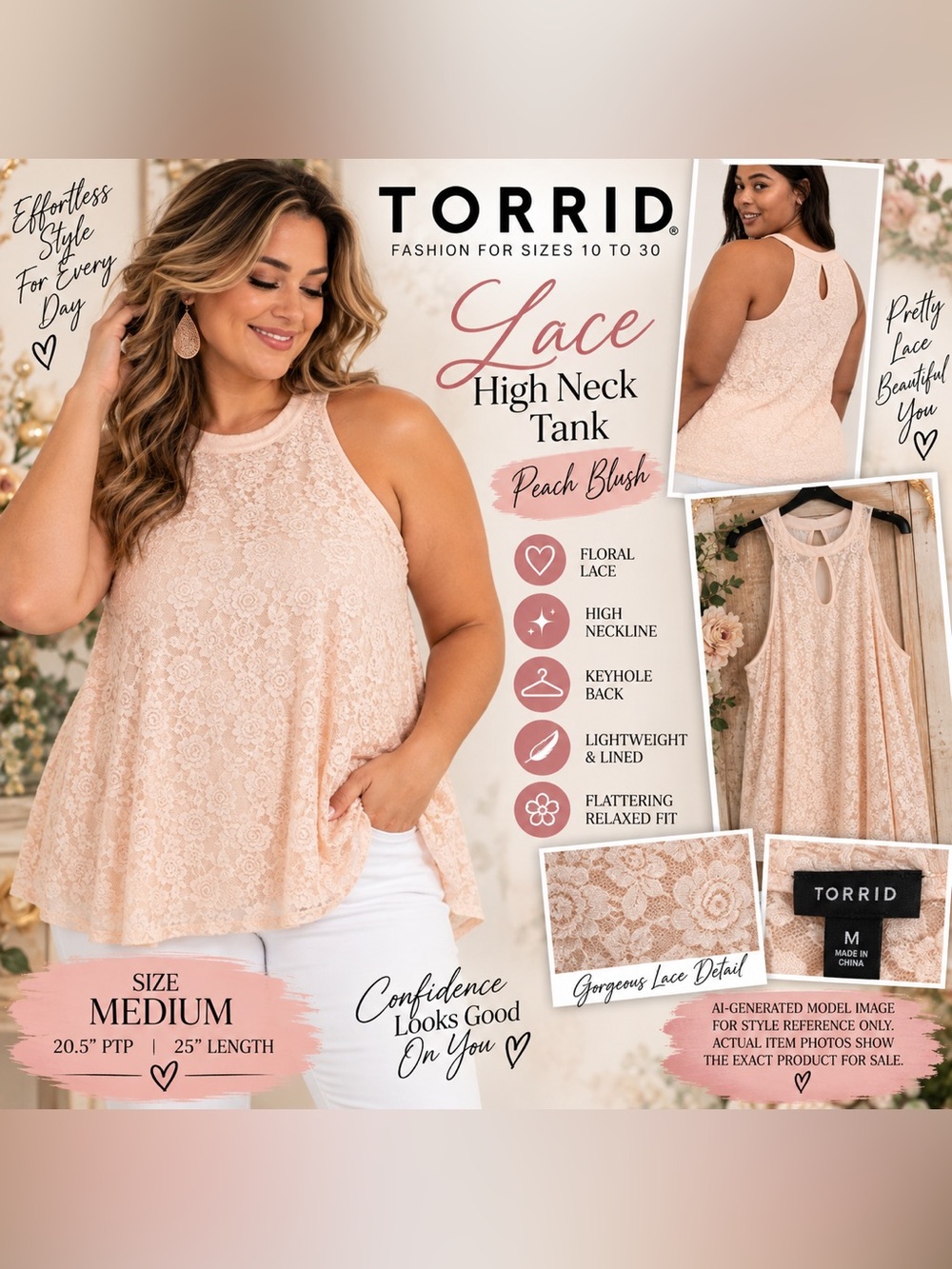 TORRID PEACH BLUSH LACE HIGH NECK TANK • MEDIUM